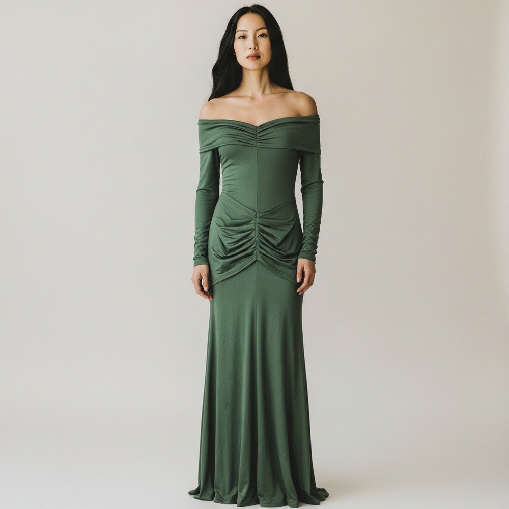 MUSERA Dress Womens Small Green Off Shoulder Ruched‎ Mermaid Maxi Gown Formal